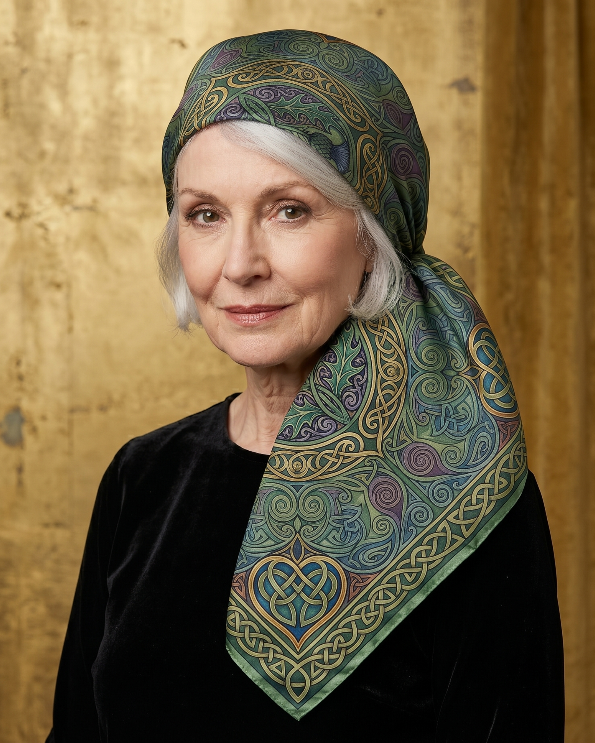 Older woman wearing a celtic irish headscarf. A Celtic gift for a woman