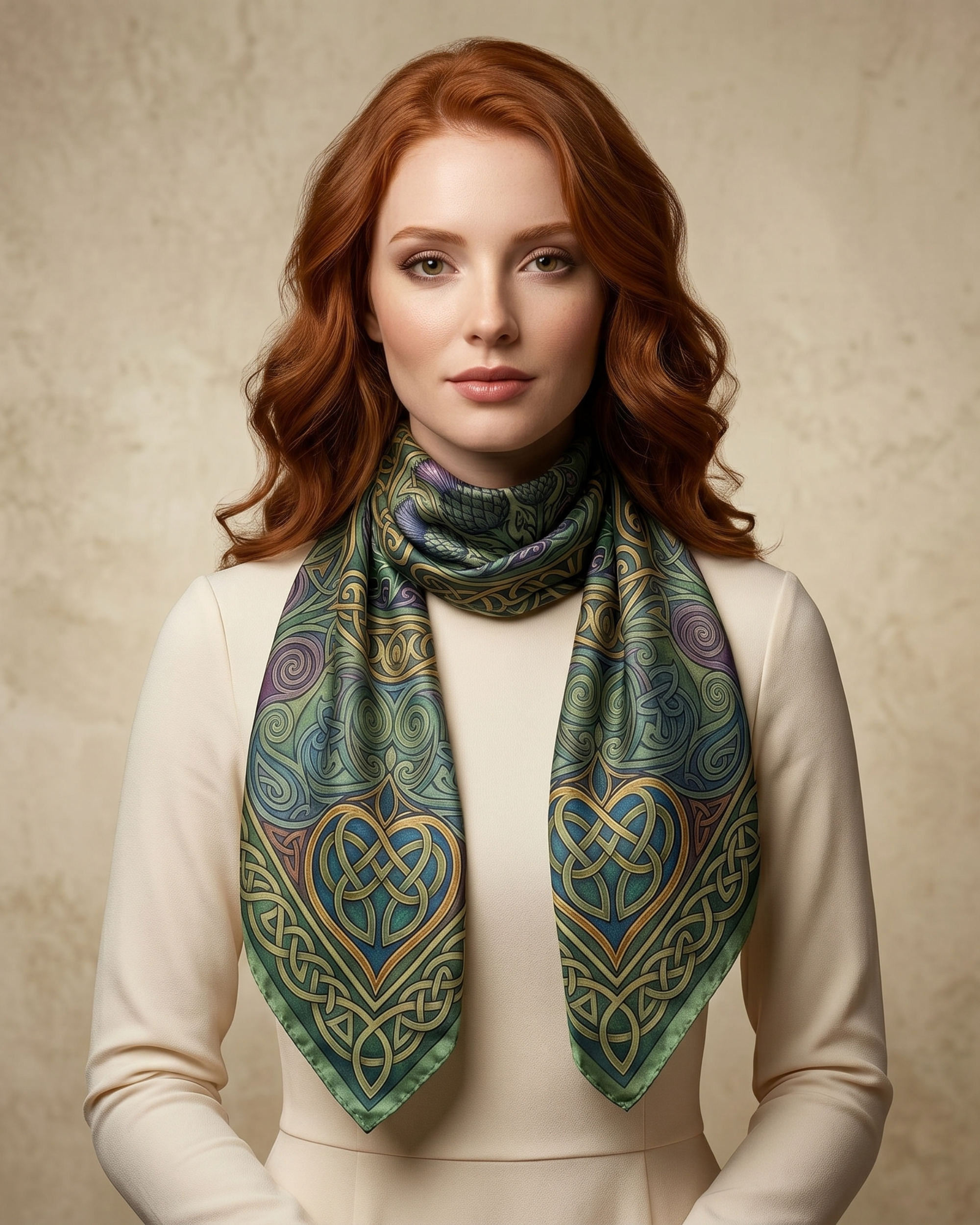 The Ailsa Square Silk Scarf, named for the resilient strength of the woman who wears it, features a central Scottish Thistle framed by intricate Celtic knotwork and four interwoven hearts. Crafted from rare 20-momme silk satin in our London studio, it offers a substantial and durable drape. This fabric is built to maintain its structured shape over a lifetime of use.