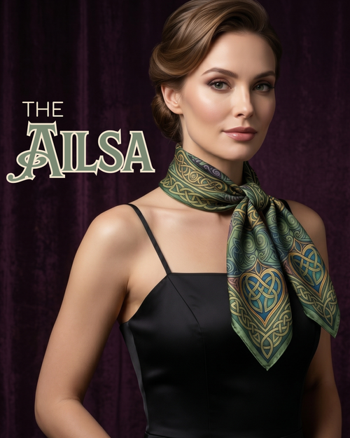 The Ailsa Square Silk Scarf, named for the resilient strength of the woman who wears it, features a central Scottish Thistle framed by intricate Celtic knotwork and four interwoven hearts. Crafted from rare 20-momme silk satin in our London studio, it offers a substantial and durable drape. This fabric is built to maintain its structured shape over a lifetime of use.