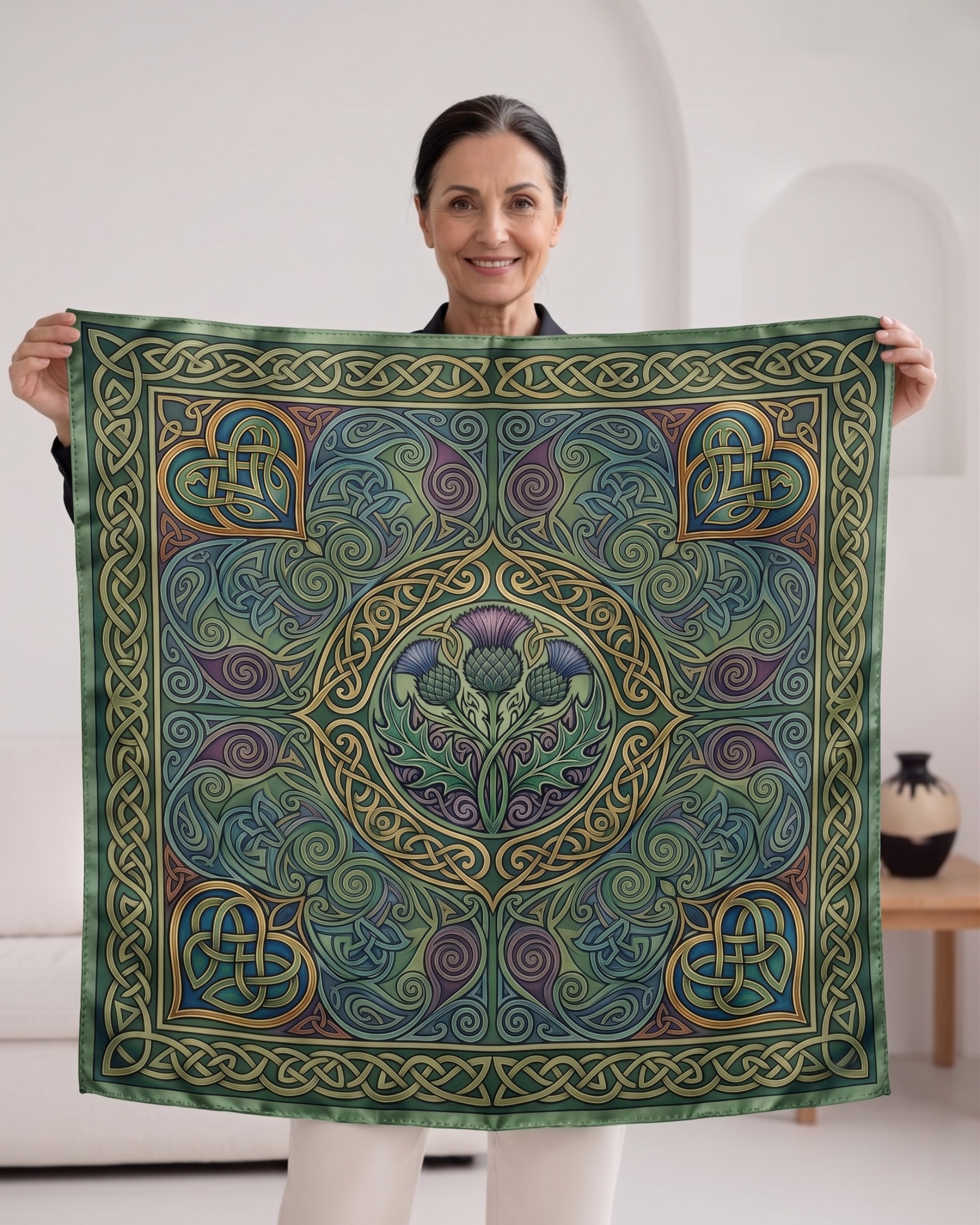 The Ailsa Square Silk Scarf, named for the resilient strength of the woman who wears it, features a central Scottish Thistle framed by intricate Celtic knotwork and four interwoven hearts. Crafted from rare 20-momme silk satin in our London studio, it offers a substantial and durable drape. This fabric is built to maintain its structured shape over a lifetime of use.