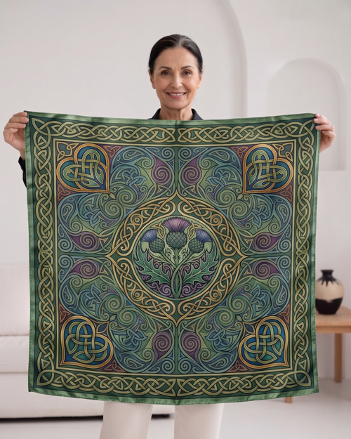 The Ailsa Square Silk Scarf, named for the resilient strength of the woman who wears it, features a central Scottish Thistle framed by intricate Celtic knotwork and four interwoven hearts. Crafted from rare 20-momme silk satin in our London studio, it offers a substantial and durable drape. This fabric is built to maintain its structured shape over a lifetime of use.